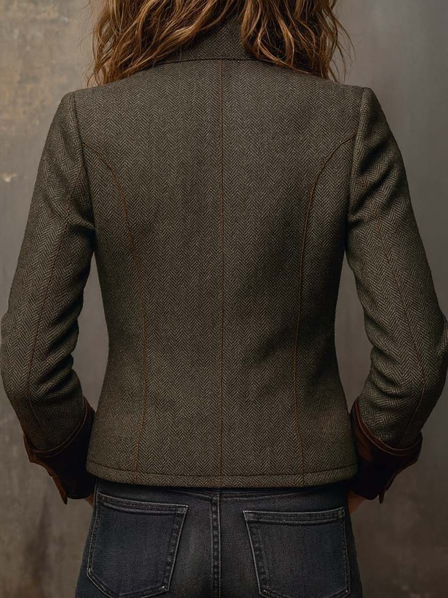 Blazer de mujer vintage de espiga con bordes en contraste