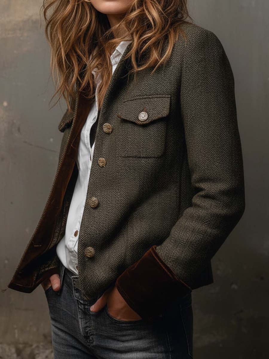 Blazer de mujer vintage de espiga con bordes en contraste