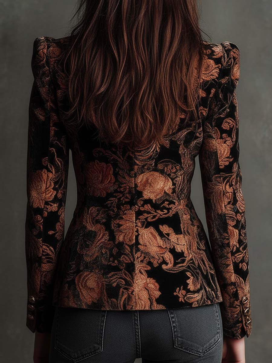 Blazer sastre para mujer con estampado floral negro y bronce