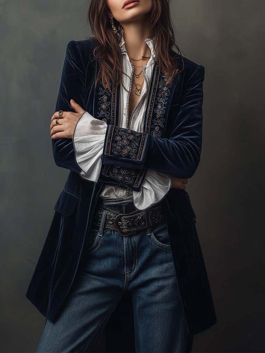 Chaqueta larga vintage de mujer azul marino bordada