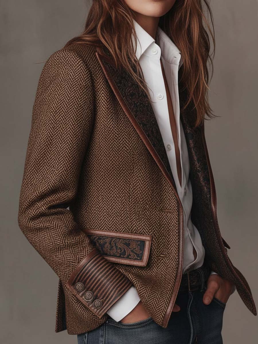 Blazer de mujer de espiga con paneles estampados