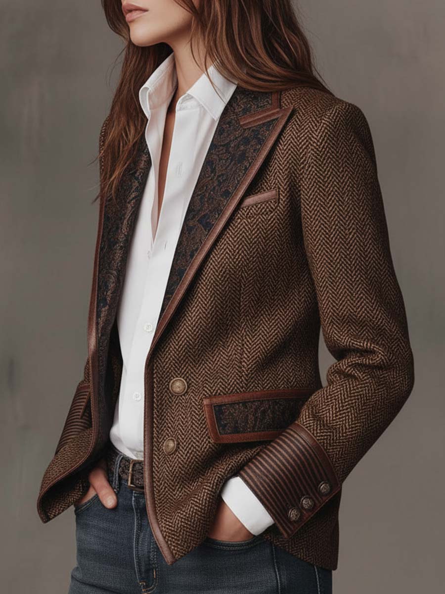 Blazer de mujer de espiga con paneles estampados