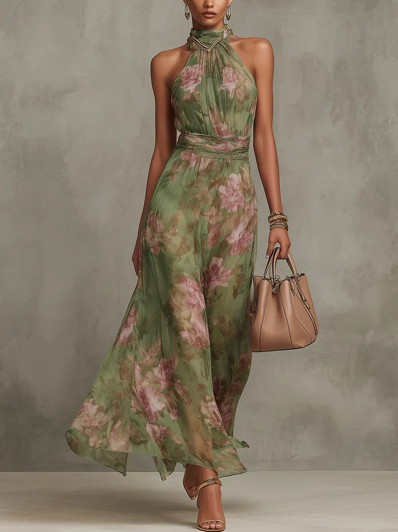 Noelia | Elegante vestido largo con cuello halter y estampado floral