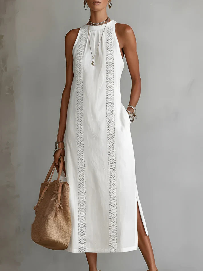 Jimena™ | Vestido Midi de Lino con Cuello Mao Elegante