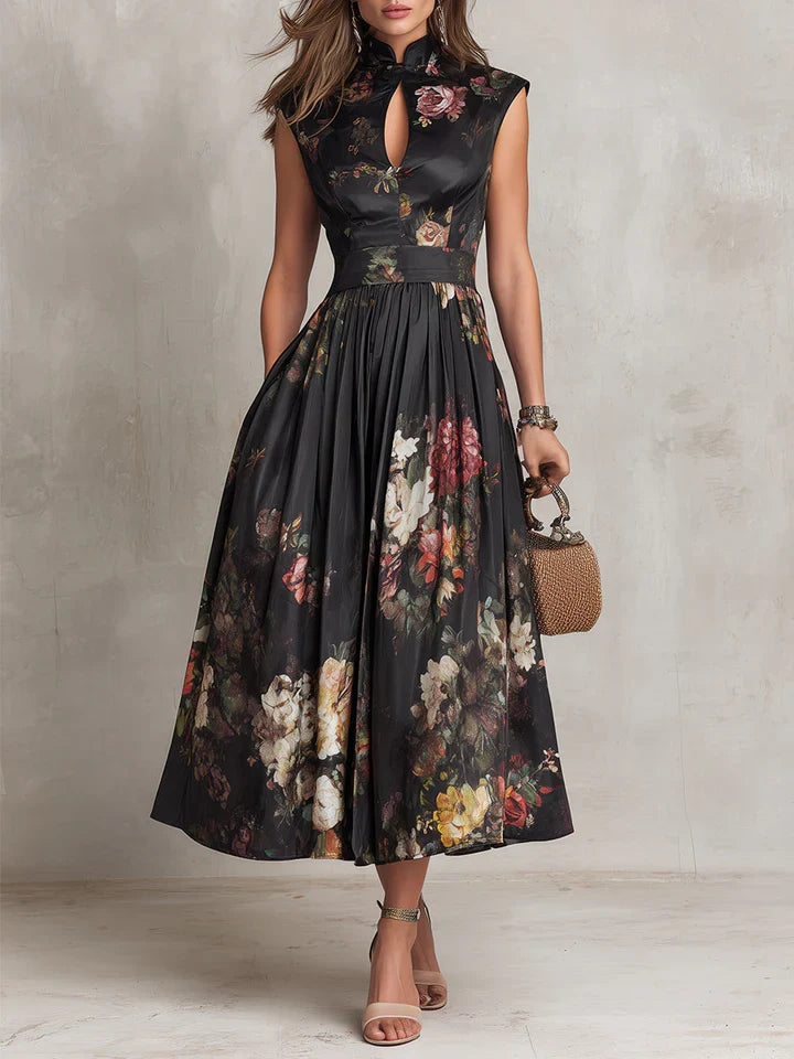 Dunora | Vestido Midi de Satén Plisado Floral con Cuello de Ojal Negro para Mujer