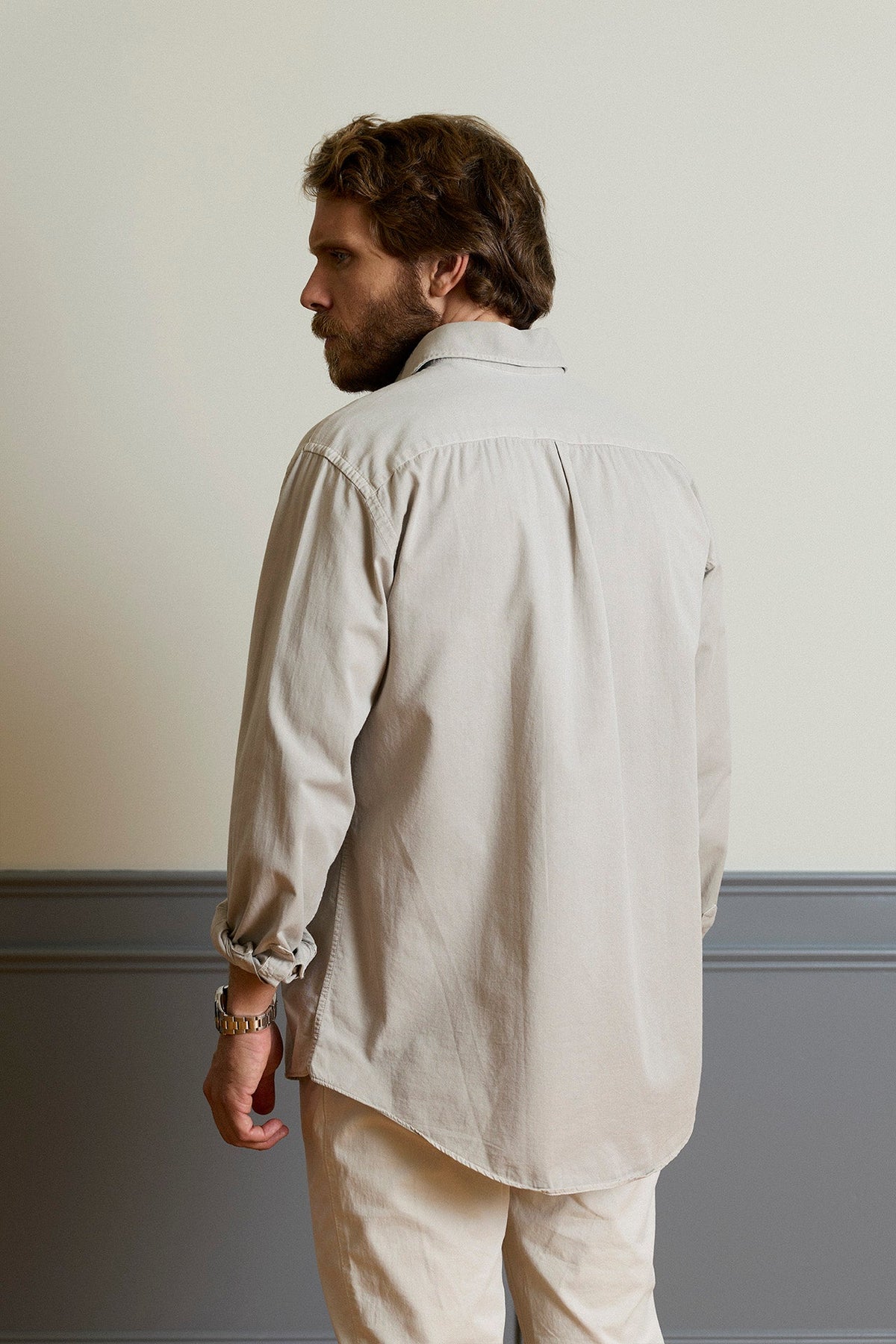 Camisa Costura Horizontal Beige Arena Doble Bolsillo Pecho