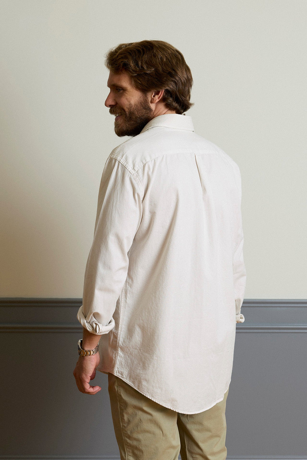 Camisa Algodón 2 Bolsillos Pecho Marfil Costura Vertical