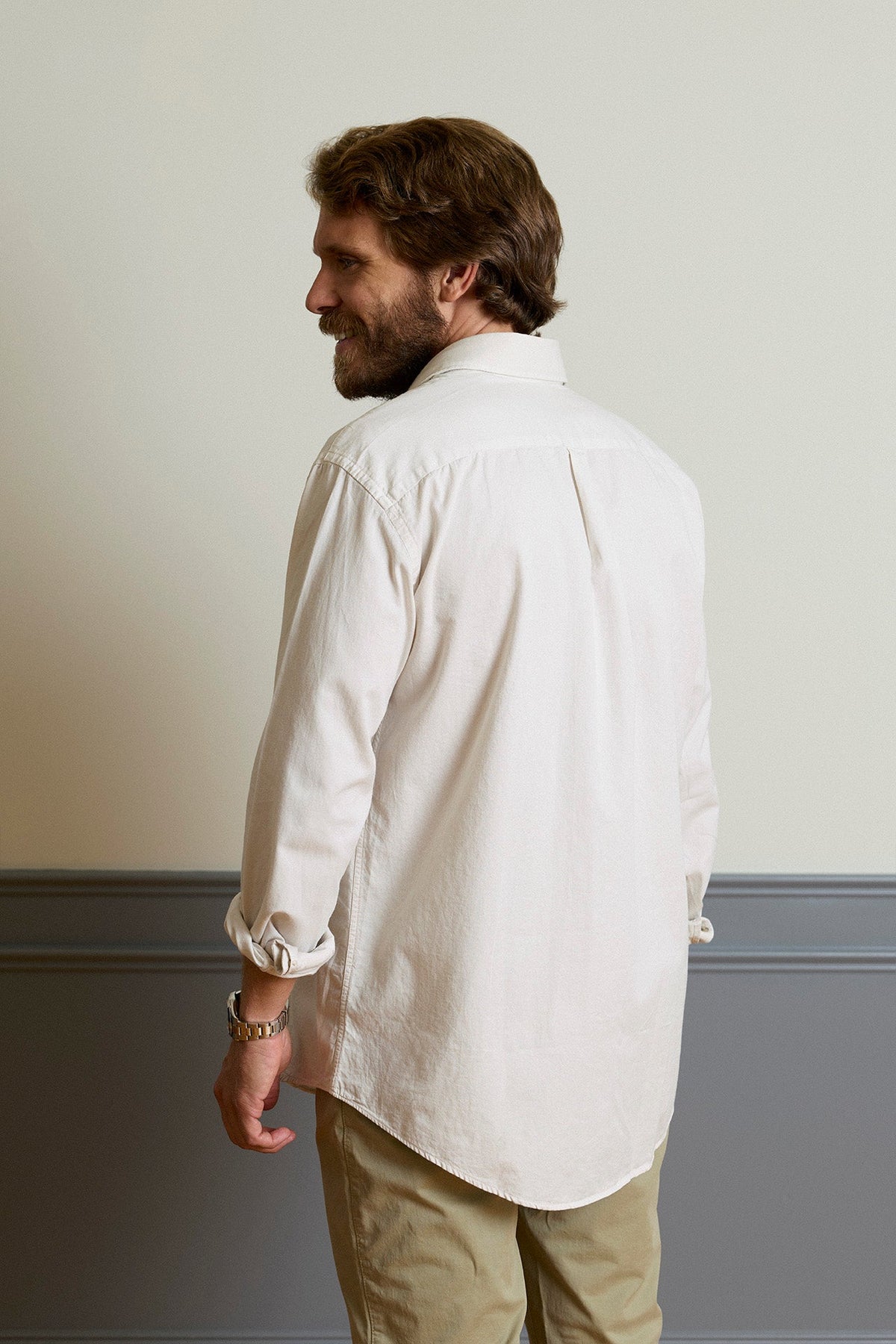 Camisa Algodón 2 Bolsillos Pecho Marfil Costura Vertical