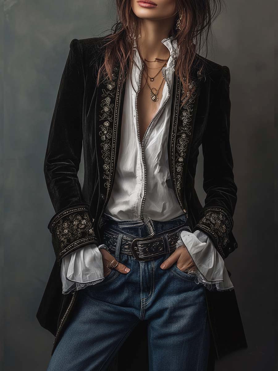 Chaqueta larga vintage de mujer azul marino bordada