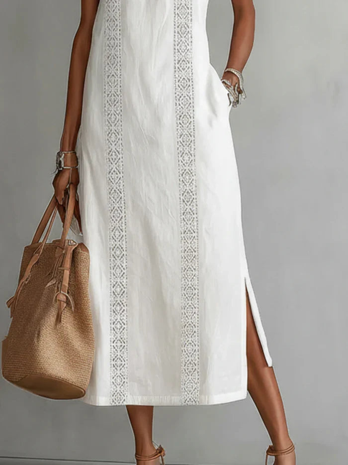 Jimena™ | Vestido Midi de Lino con Cuello Mao Elegante
