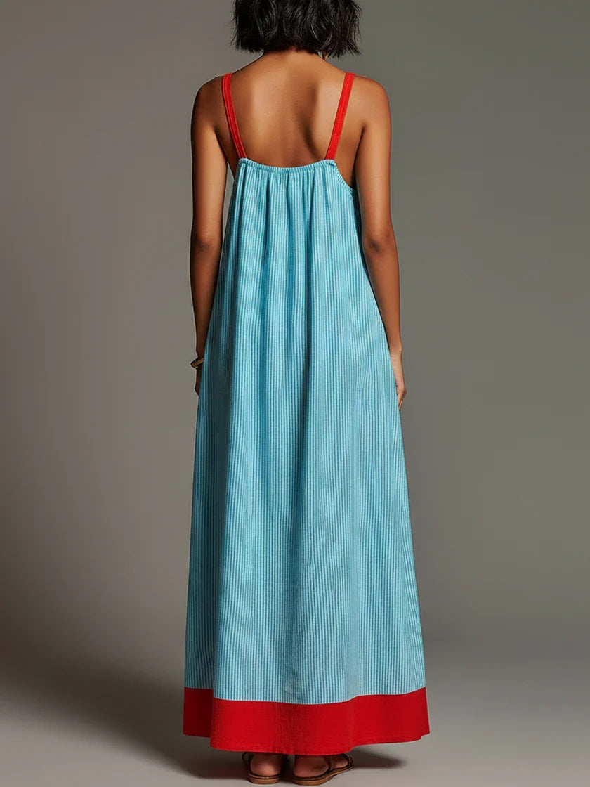 Alegría | Vestido maxi rayas azul con contraste rojo