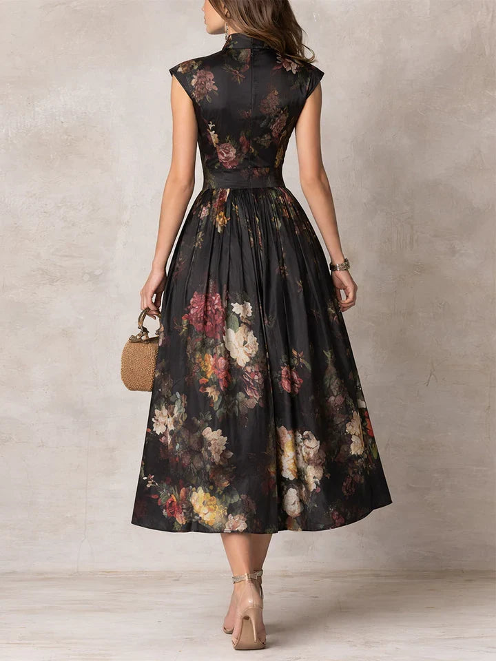 Dunora | Vestido Midi de Satén Plisado Floral con Cuello de Ojal Negro para Mujer