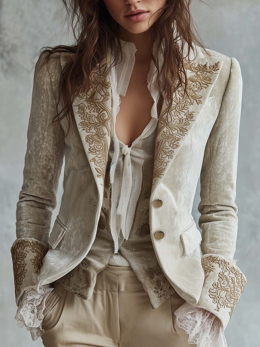 Blazer sastre de mujer color marfil bordado