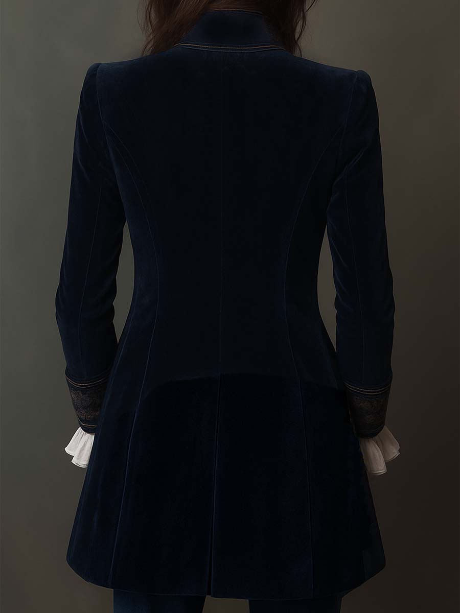 Chaqueta larga vintage de mujer azul marino bordada