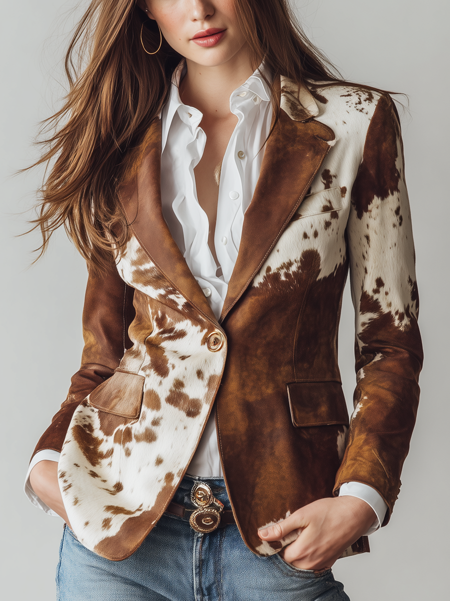 Blazer vintage ecológico para mujer con estampado de vaca