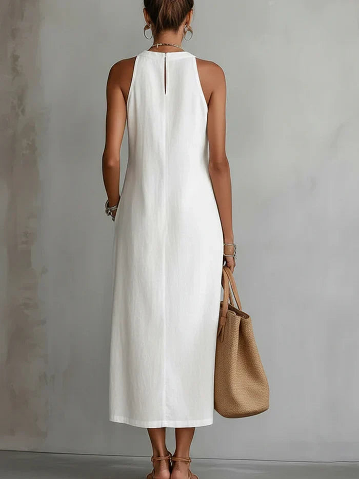 Jimena™ | Vestido Midi de Lino con Cuello Mao Elegante