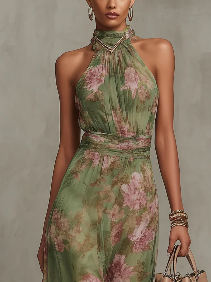 Noelia | Elegante vestido largo con cuello halter y estampado floral