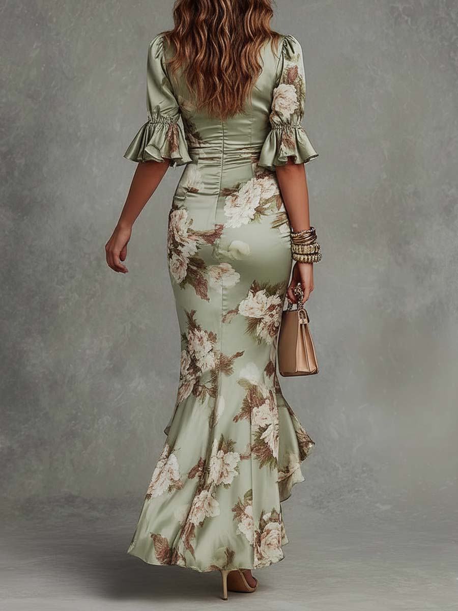 Anastasia | Vestido largo asimétrico de satén verde