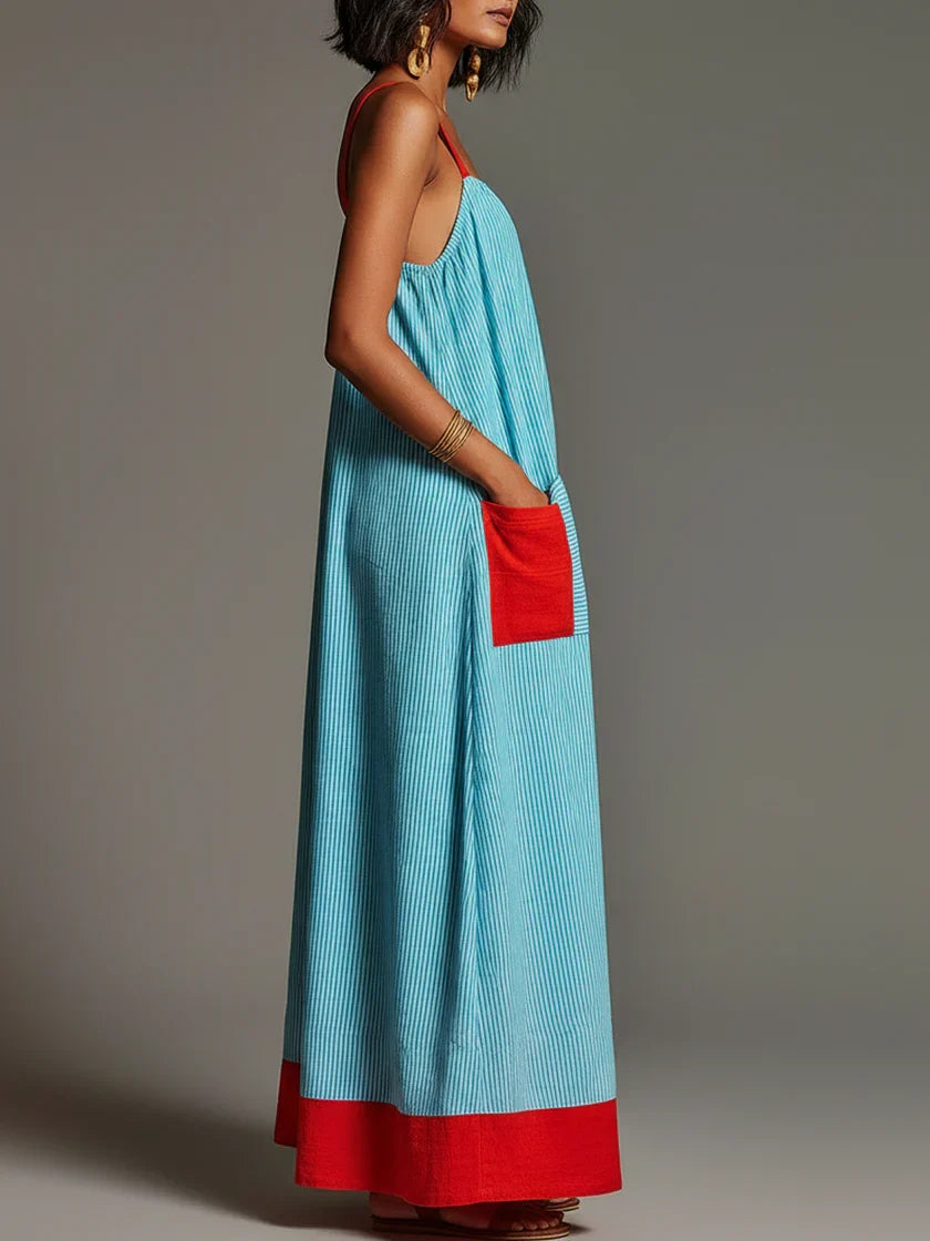 Alegría | Vestido maxi rayas azul con contraste rojo