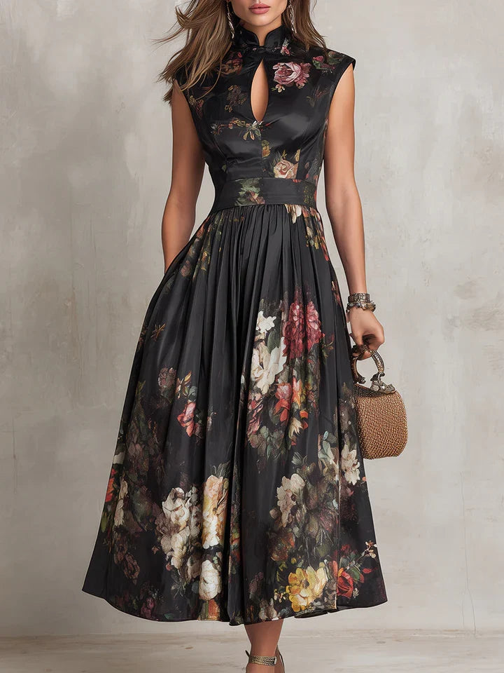 Dunora | Vestido Midi de Satén Plisado Floral con Cuello de Ojal Negro para Mujer