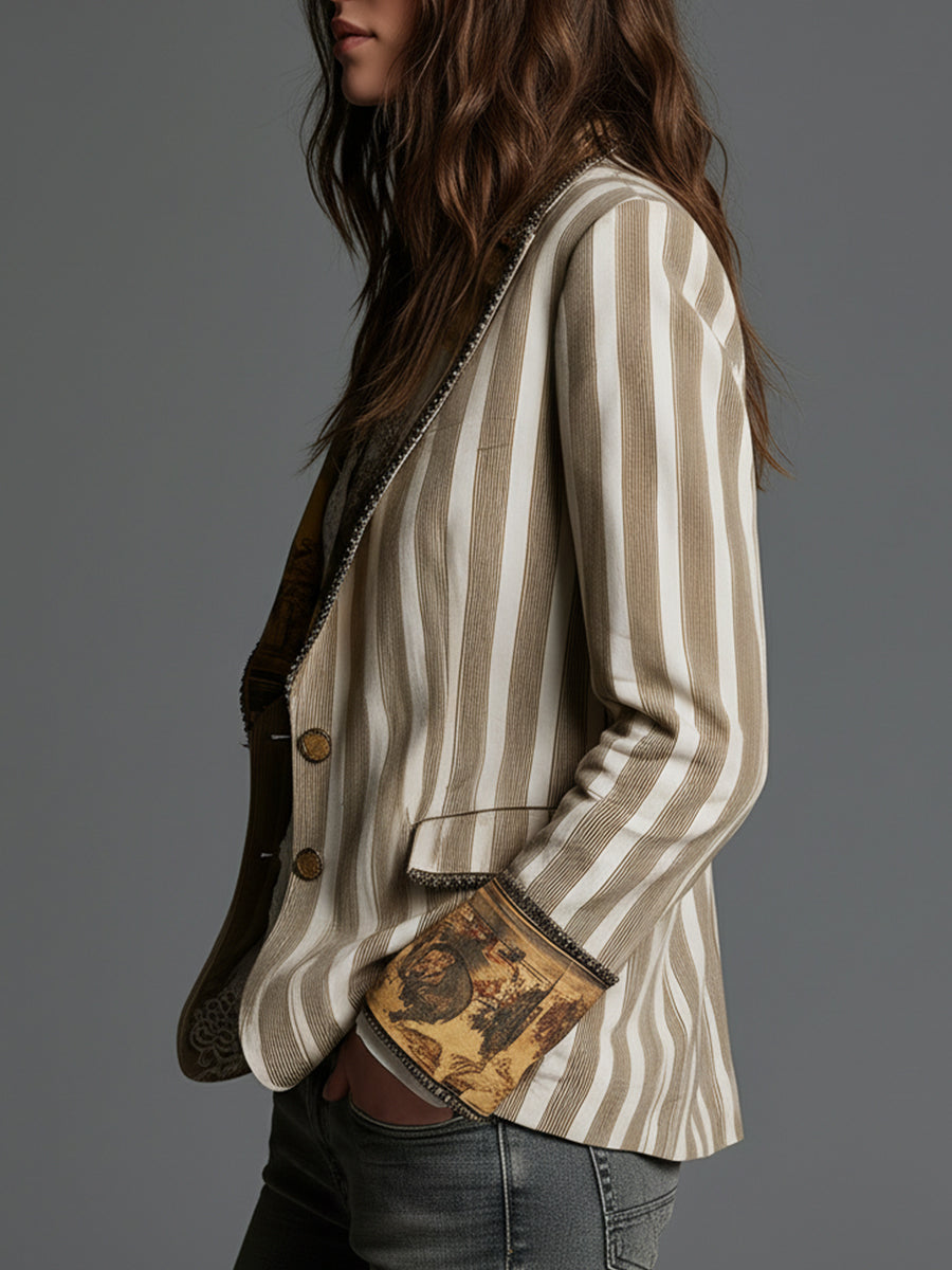 Blazer de mujer con solapas y estampado de rayas bohemio