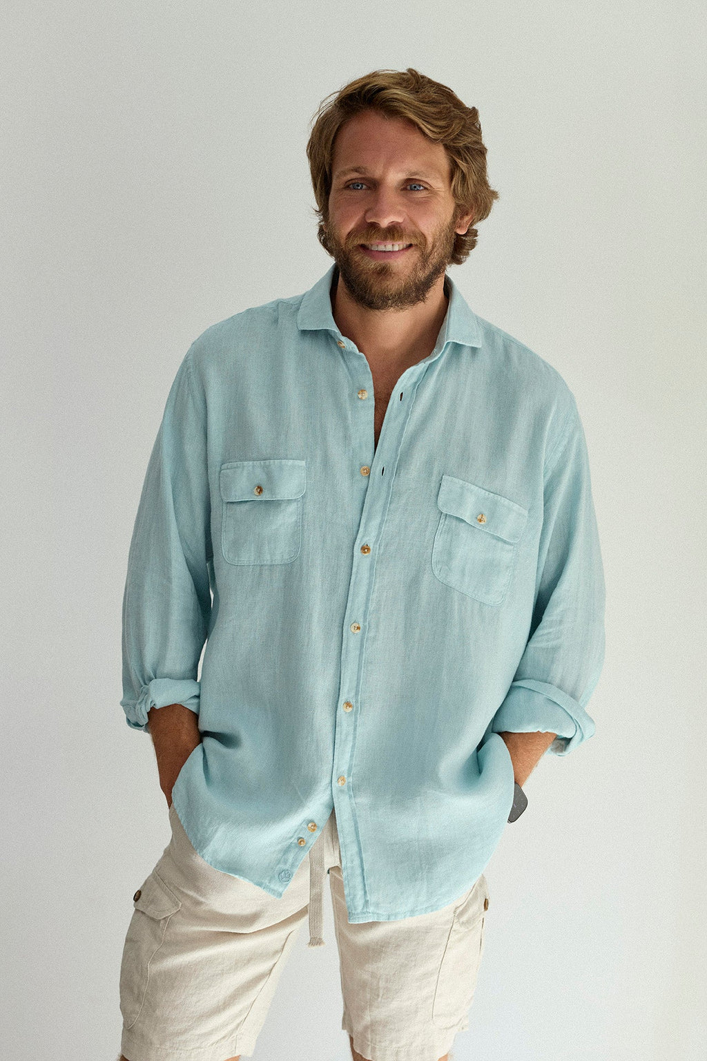 Camisa Lino 2 Bolsillos Pecho Verde Agua
