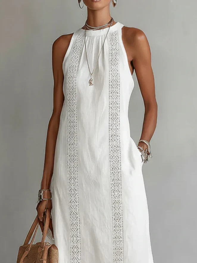 Jimena™ | Vestido Midi de Lino con Cuello Mao Elegante
