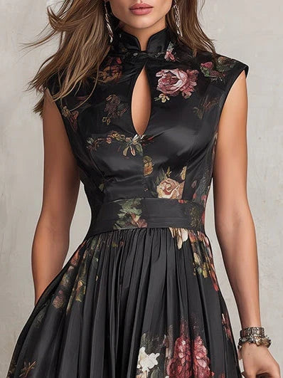 Dunora | Vestido Midi de Satén Plisado Floral con Cuello de Ojal Negro para Mujer