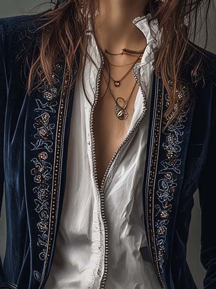 Chaqueta larga vintage de mujer azul marino bordada