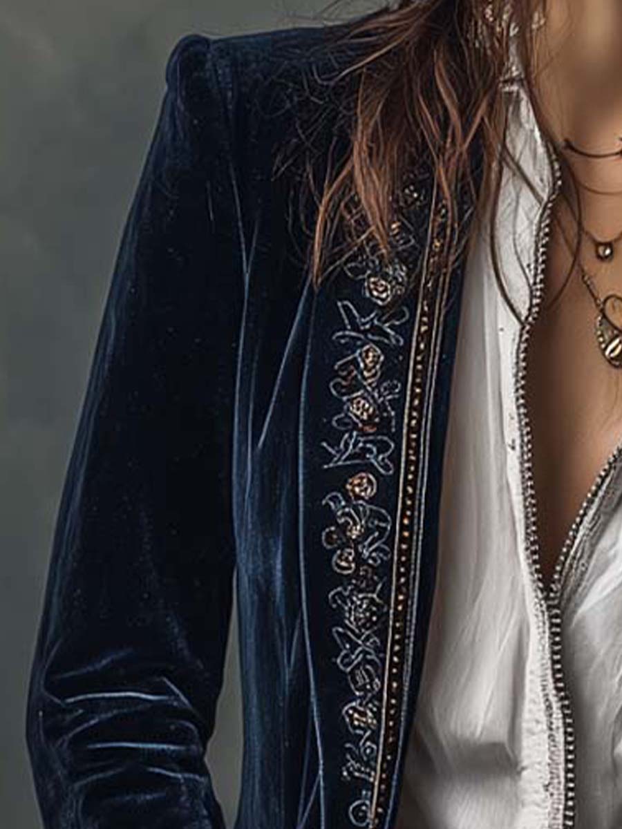 Chaqueta larga vintage de mujer azul marino bordada