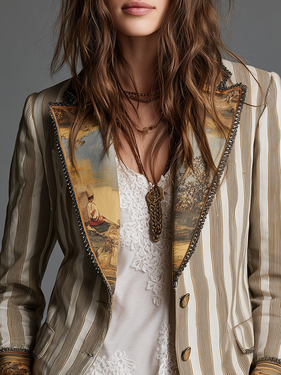 Blazer de mujer con solapas y estampado de rayas bohemio