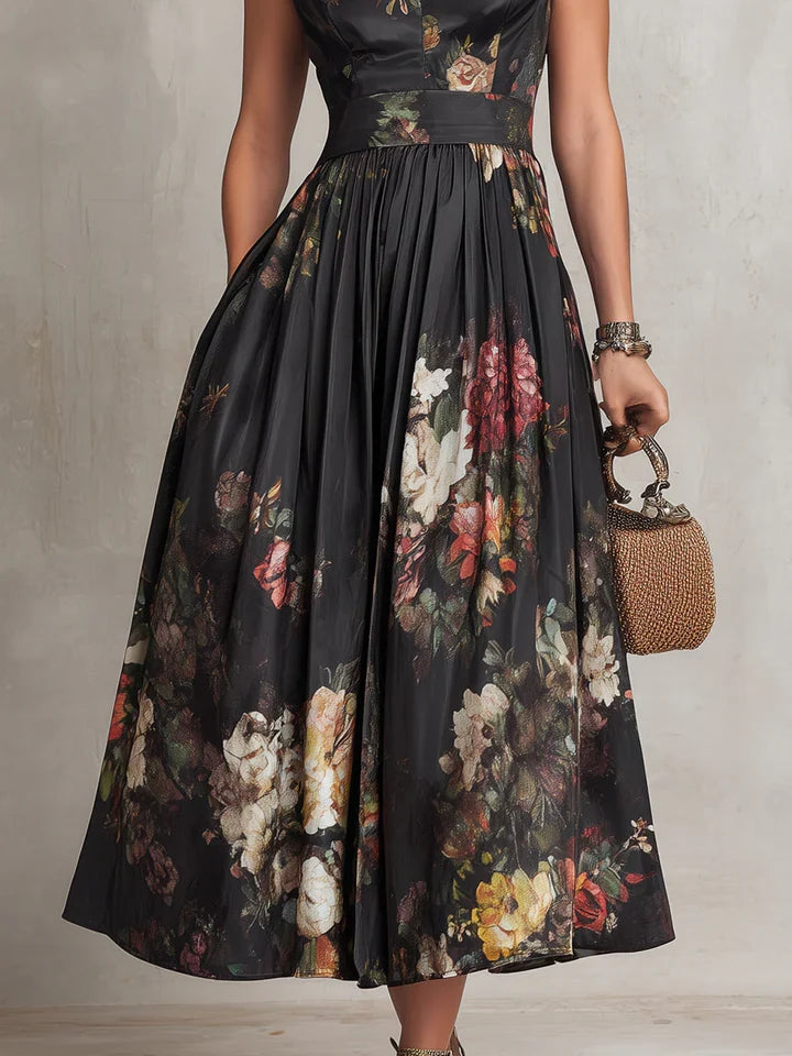 Dunora | Vestido Midi de Satén Plisado Floral con Cuello de Ojal Negro para Mujer