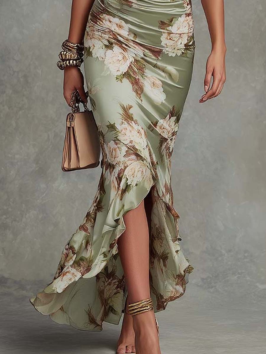 Anastasia | Vestido largo asimétrico de satén verde