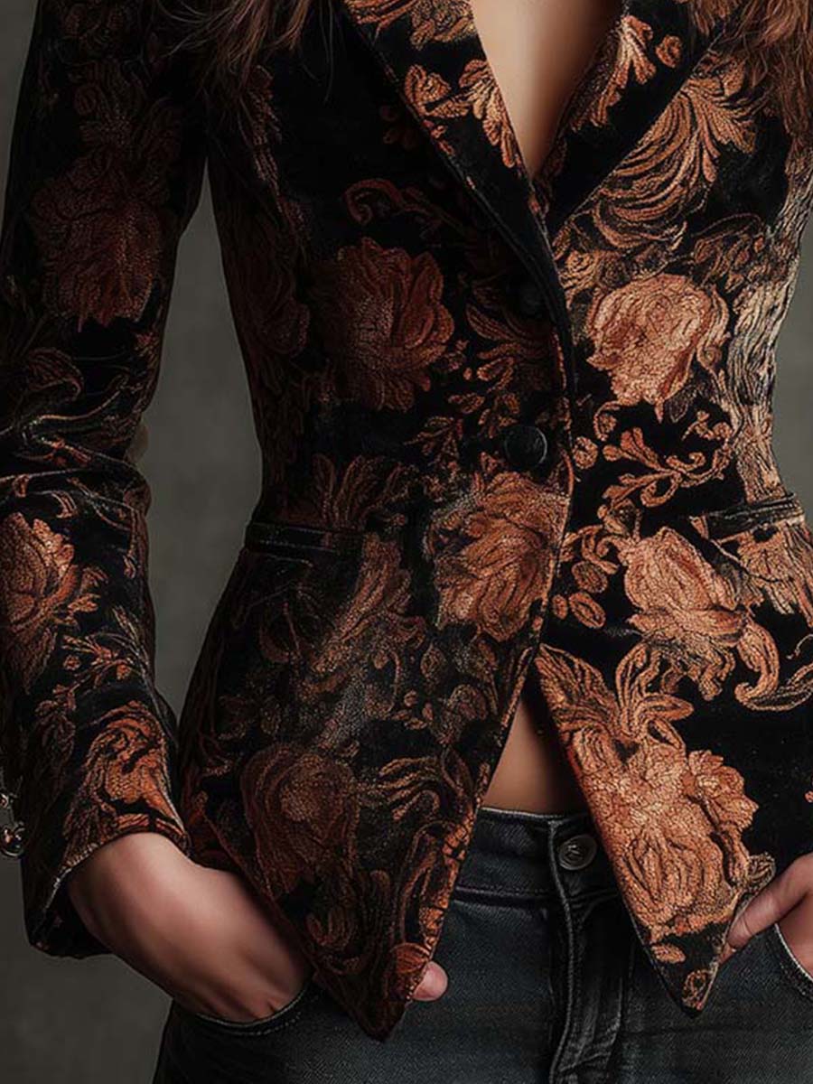 Blazer sastre para mujer con estampado floral negro y bronce