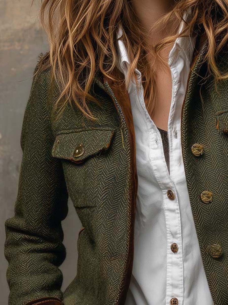 Blazer de mujer vintage de espiga con bordes en contraste