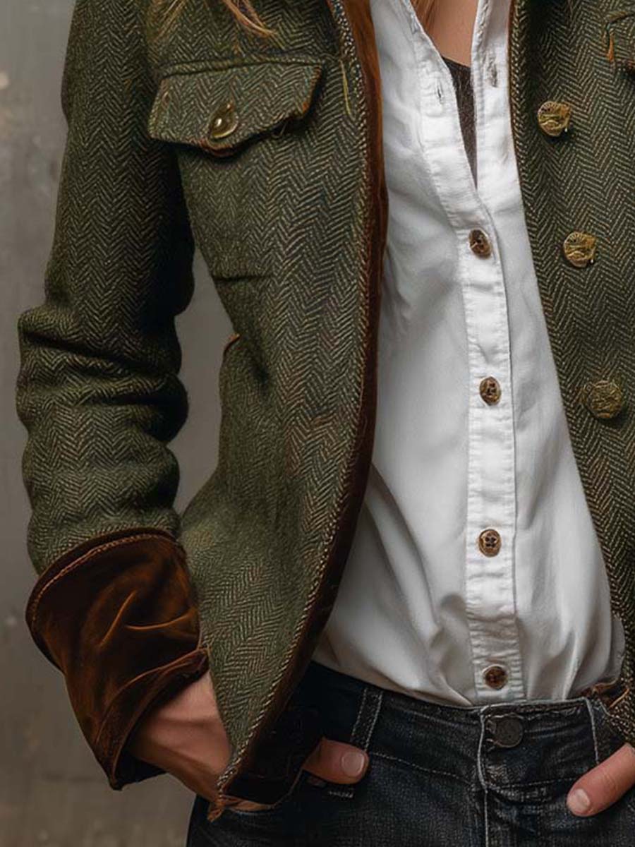 Blazer de mujer vintage de espiga con bordes en contraste