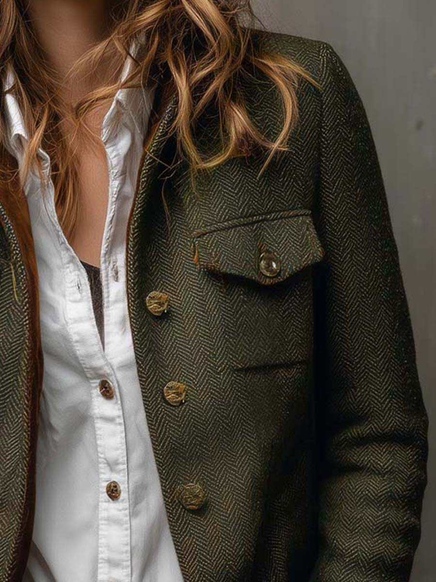 Blazer de mujer vintage de espiga con bordes en contraste