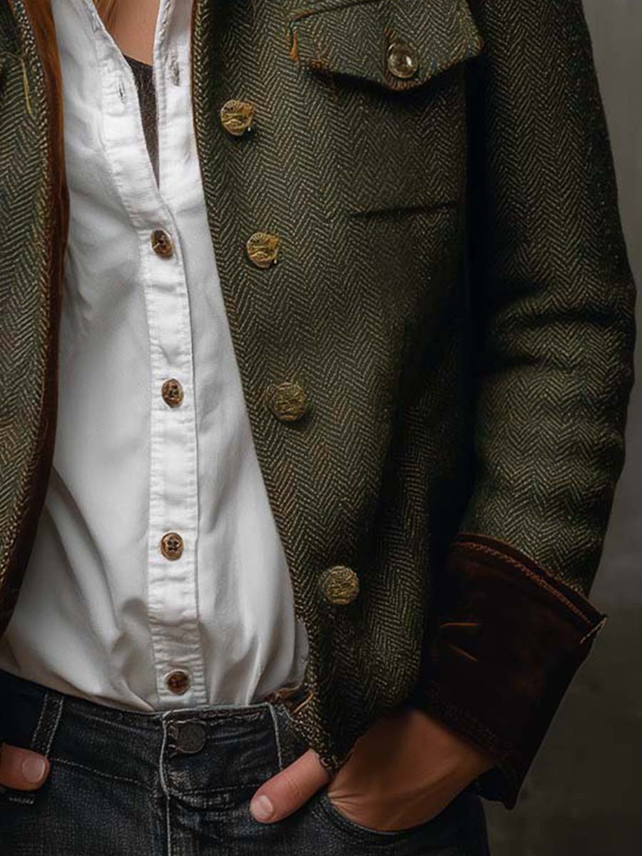 Blazer de mujer vintage de espiga con bordes en contraste