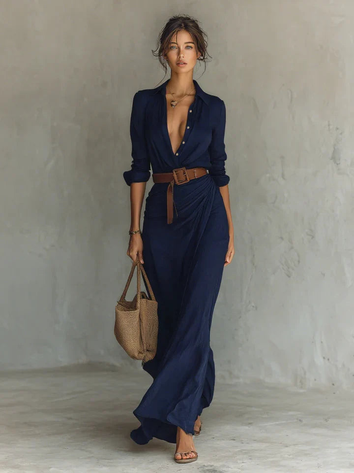 Siena | Vestido largo con cuello de solapa y mangas largas para mujer