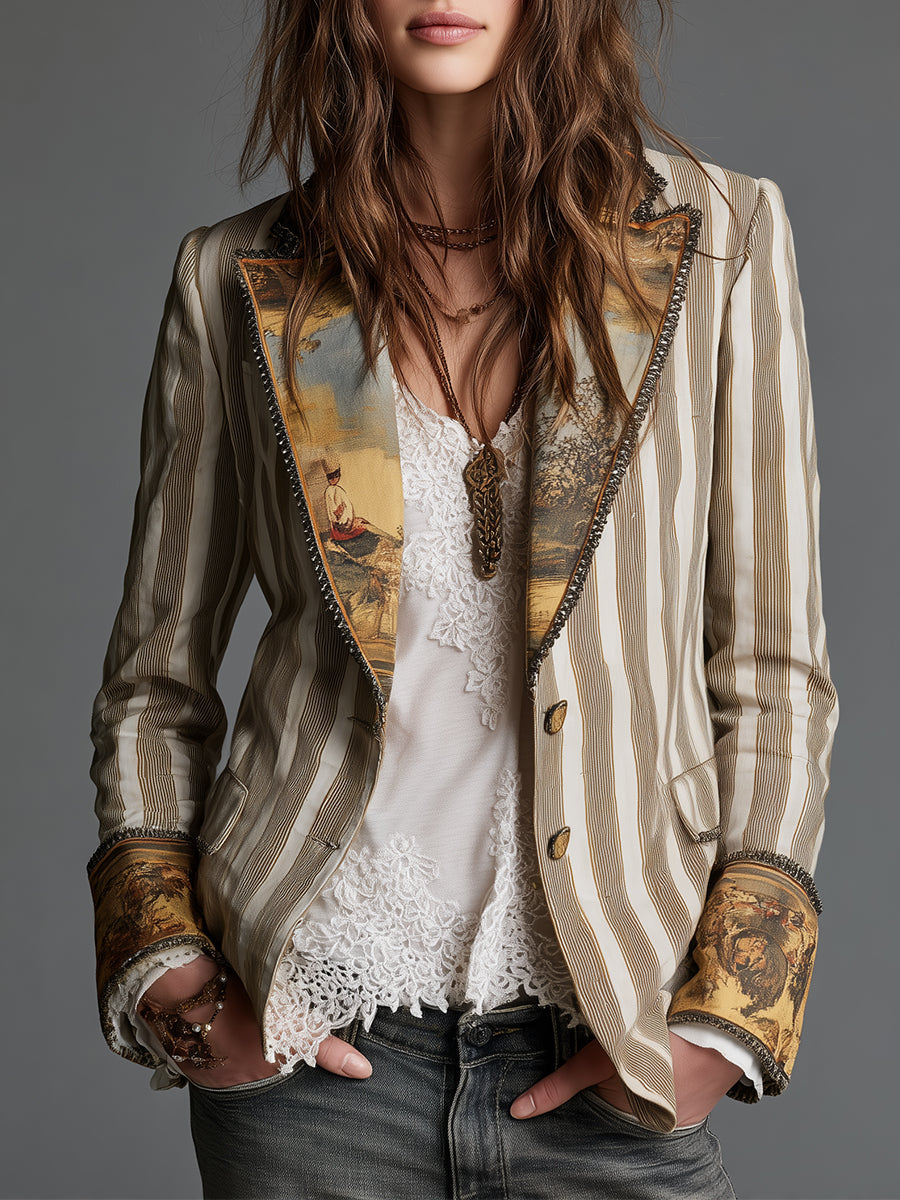 Blazer de mujer con solapas y estampado de rayas bohemio