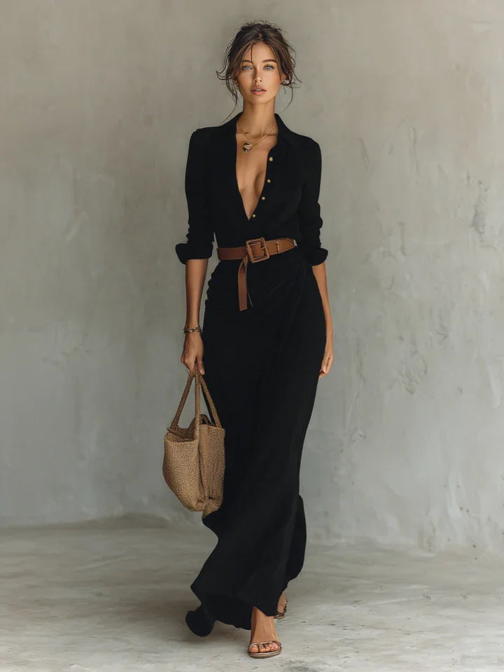 Siena | Vestido largo con cuello de solapa y mangas largas para mujer