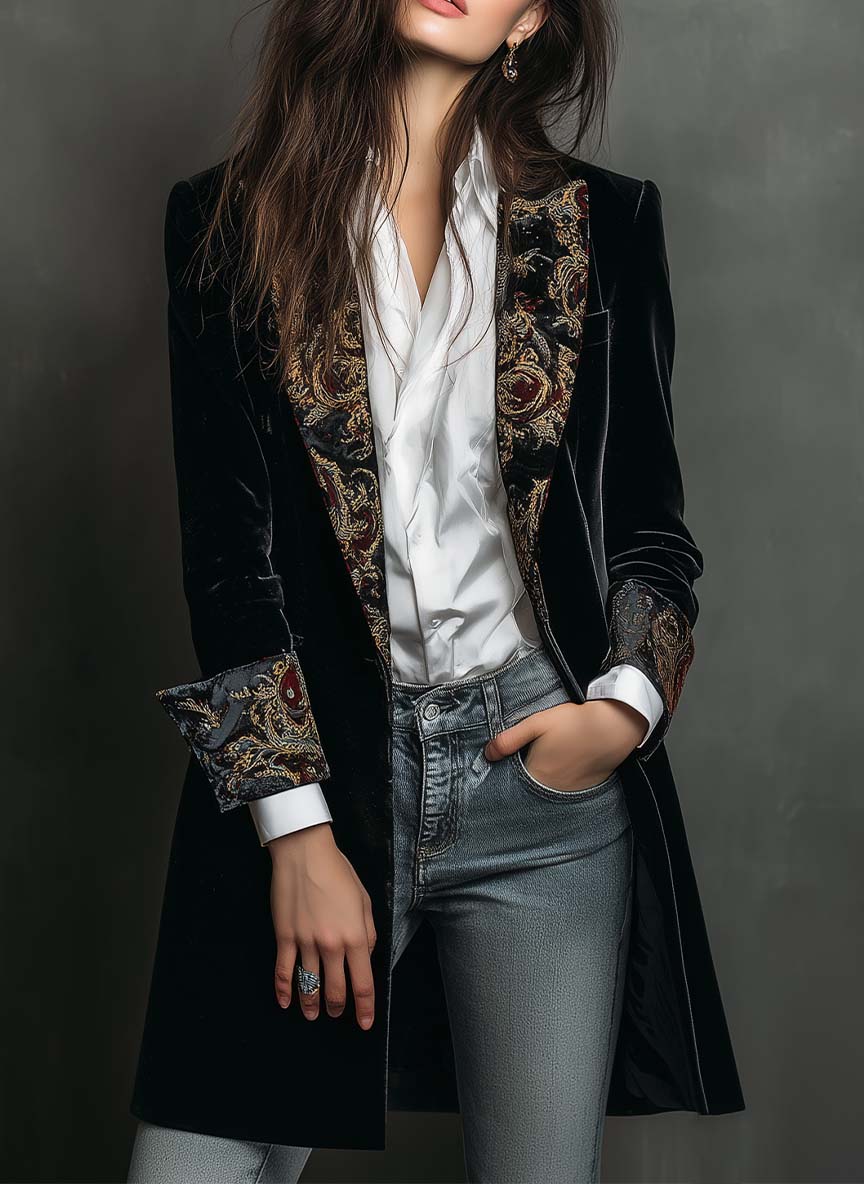 Blazer de mujer slim fit negro con solapas y estampado barroco