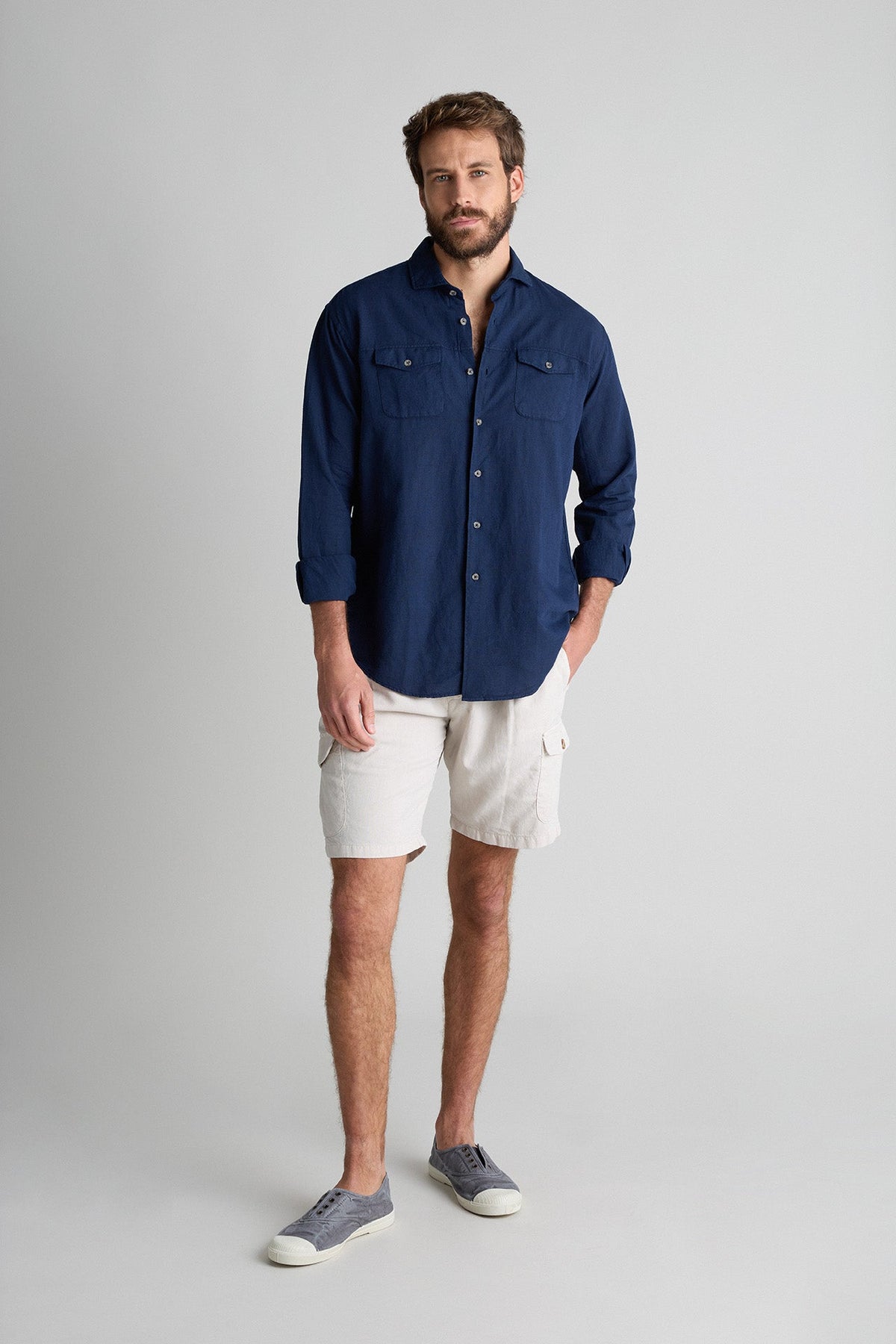 Camisa Lino Algodón 2 Bolsillos con Costura Marino