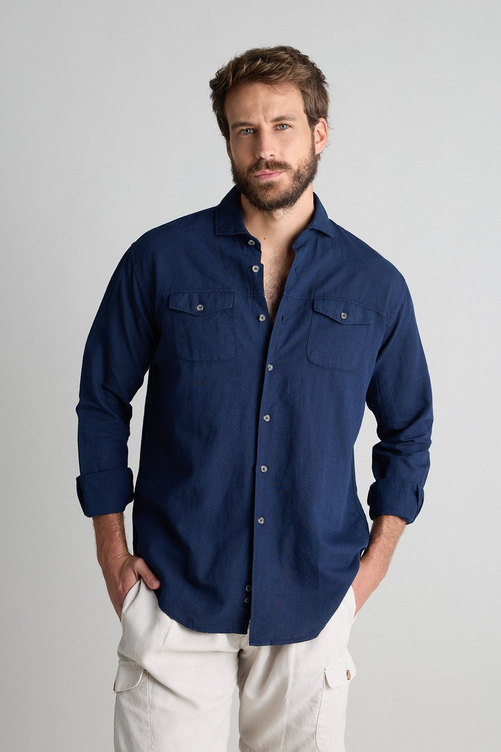 Camisa Lino Algodón 2 Bolsillos con Costura Marino