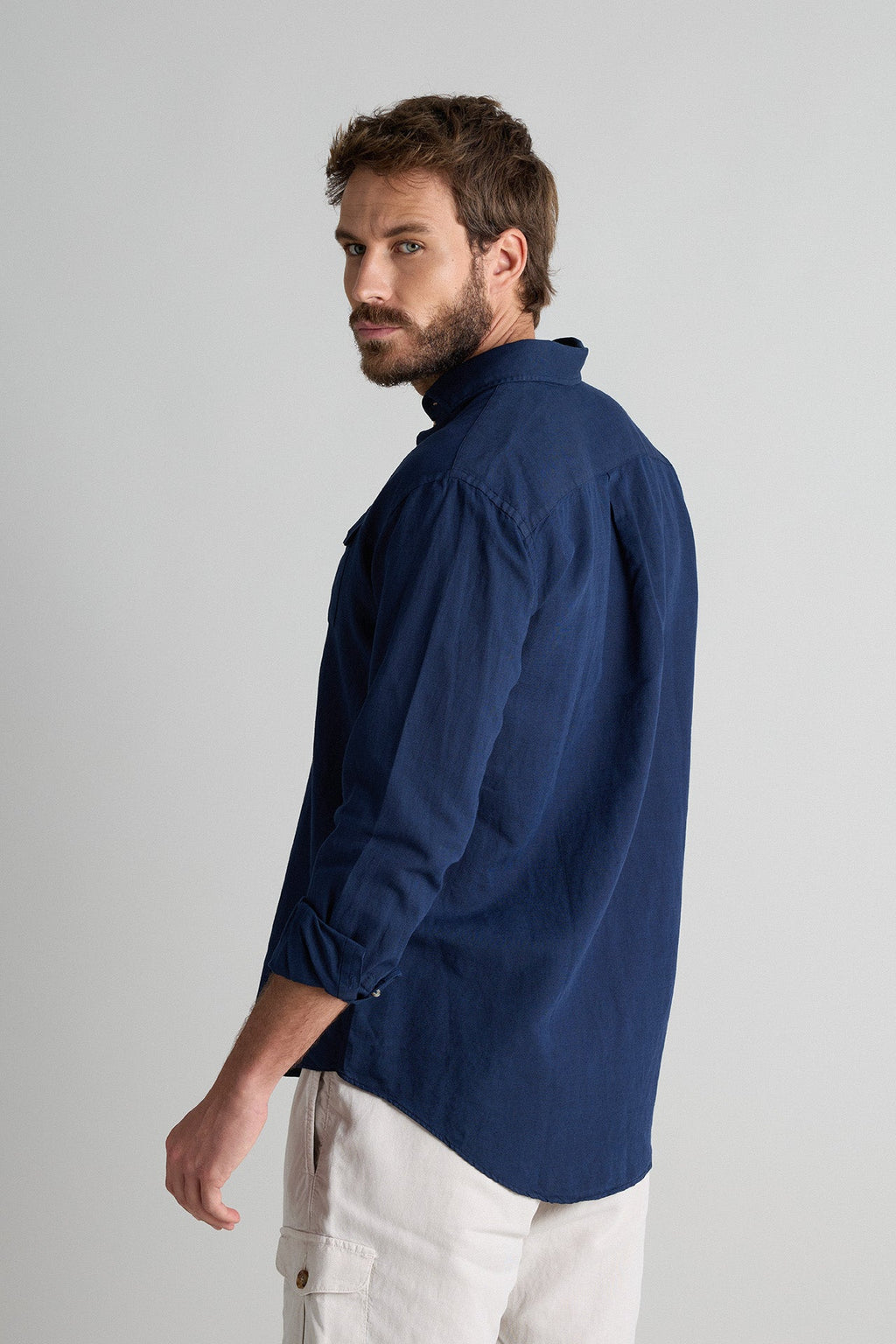 Camisa Lino Algodón 2 Bolsillos con Costura Marino