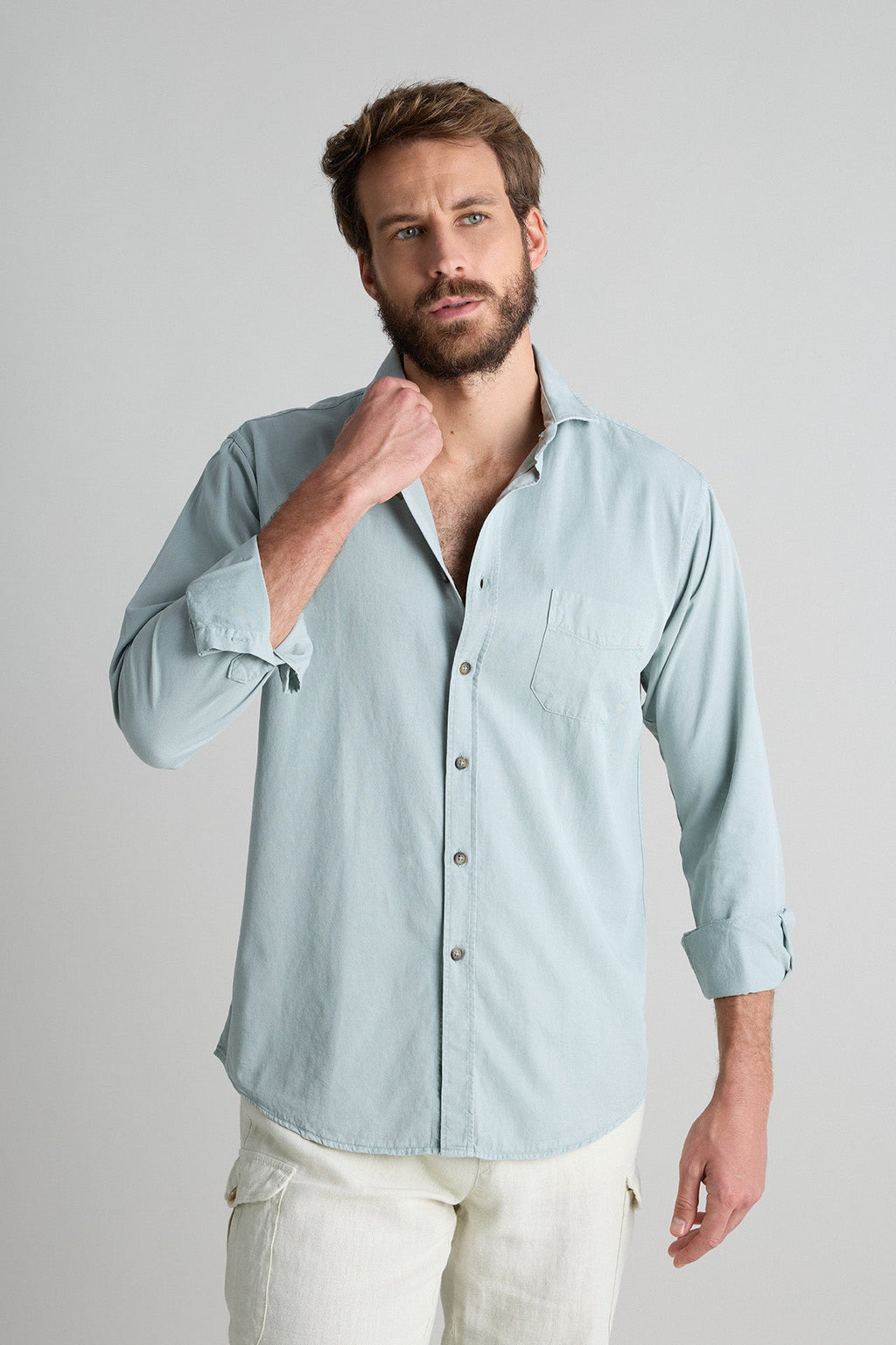 Camisa Tencel Bolsillo Verde Agua