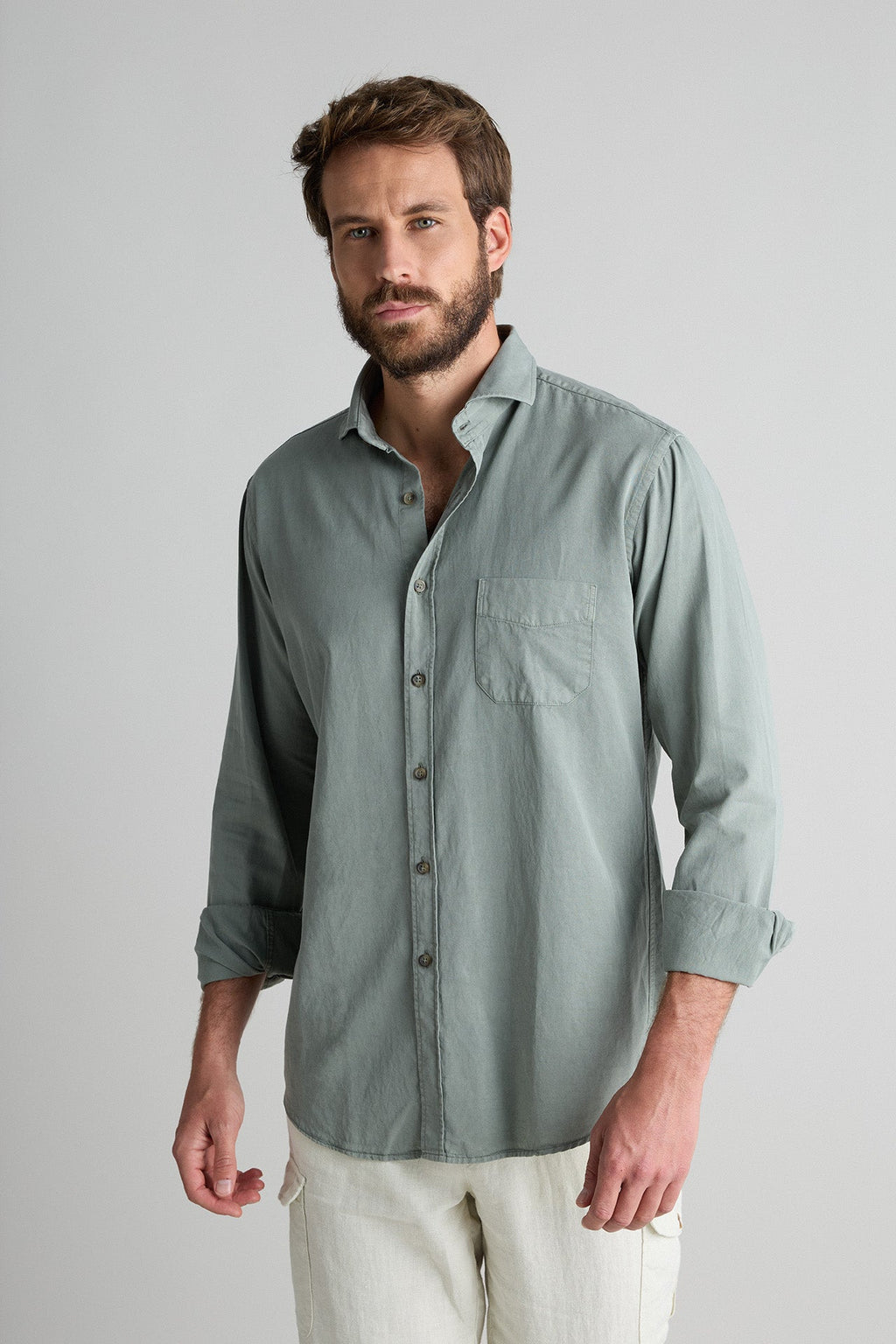 Camisa Tencel Bolsillo Verde Seco