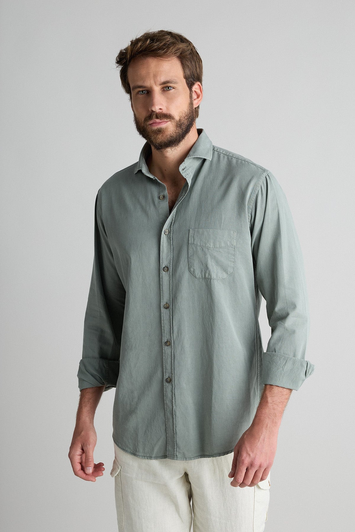 Camisa Tencel Bolsillo Verde Seco
