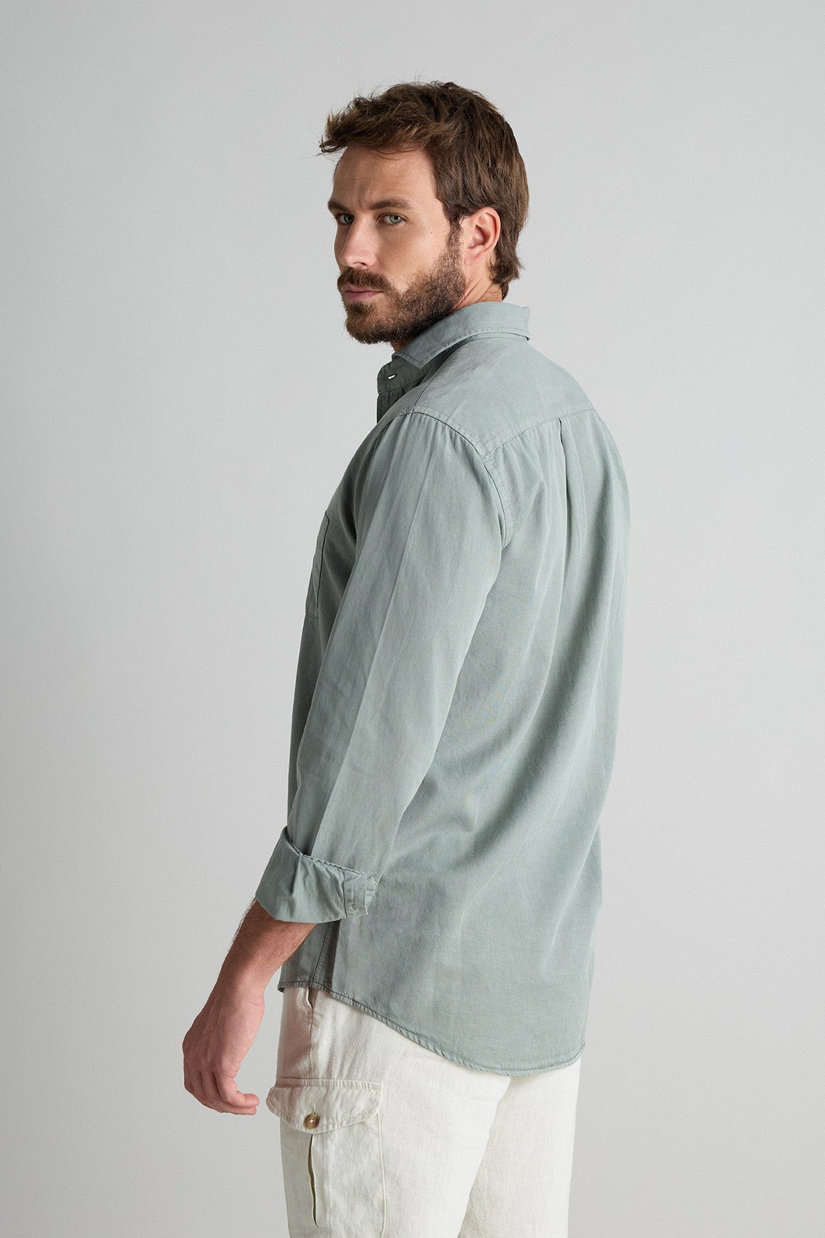 Camisa Tencel Bolsillo Verde Seco