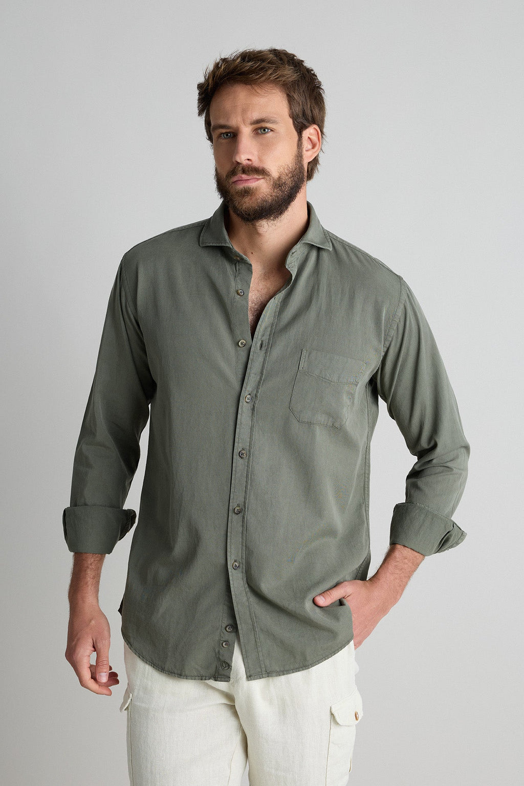 Camisa Tencel Bolsillo Verde Oscuro